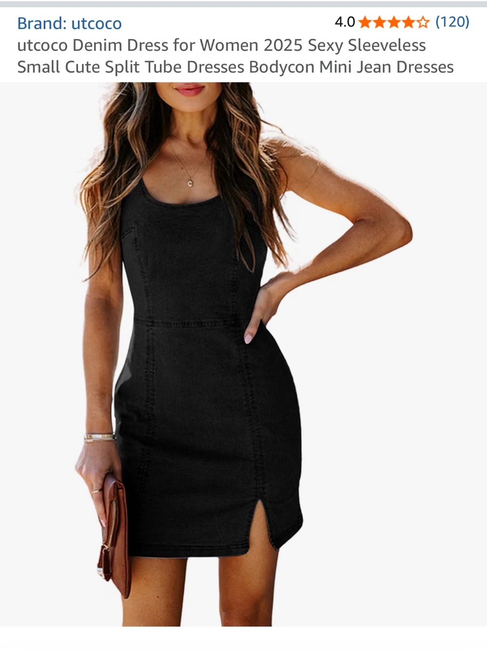 utocco Black Sleeveless Denim Bodycon Mini Dress with Front Slit